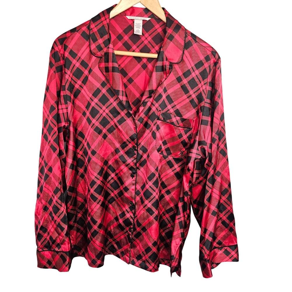 Victorias Secret Red Black Plaid Satin‎ Pajama Top Button Up Long Sleeve Large